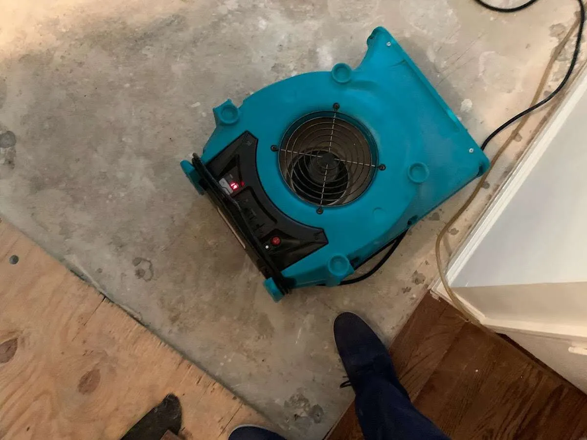 Air mover drying subfloor during Leak Detection & Repair in Clearlake